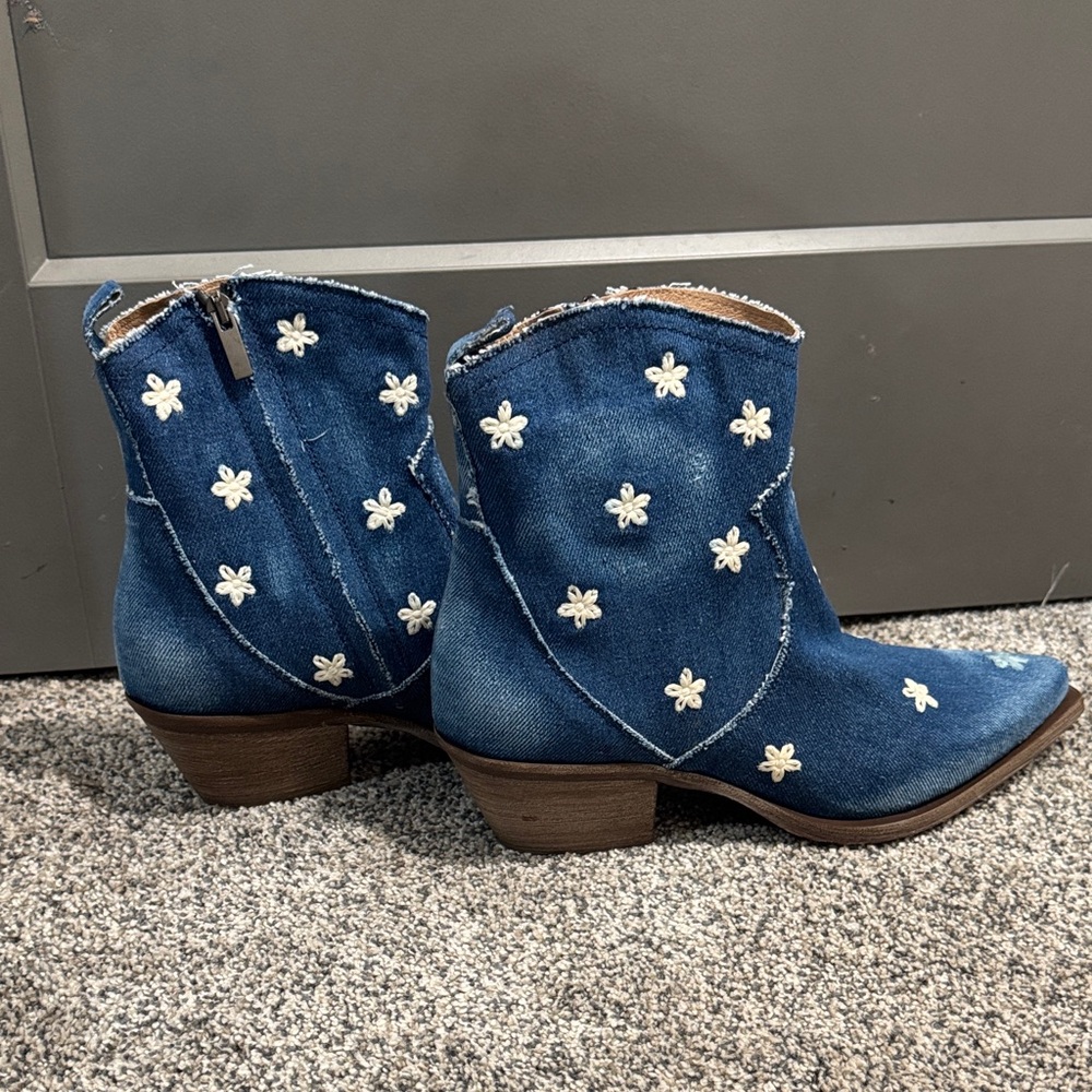 Blue Denim Ankle Boots with Floral Accents - Picture 7 of 11